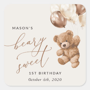 Teddy Bear, Brown Balloons, First Birthday Square Sticker