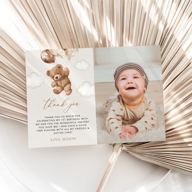 Teddy Bear, Brown Balloons, First Birthday Thank You Card (Creator Uploaded)