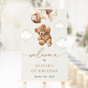 Teddy Bear, Brown Balloons, First Birthday Welcome Poster