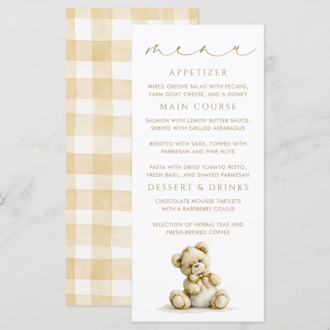 Teddy Bear Brown Gingham Pattern Menu Cards (Front/Back)