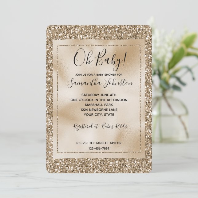 Teddy Bear Brown Gold Glam Glitter Invitation (Standing Front)