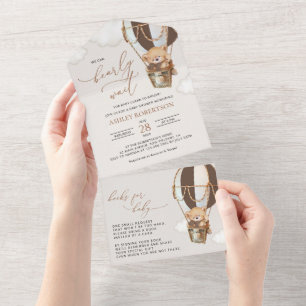 Teddy Bear, Brown Hot Air Balloon, Baby Shower All In One Invitation