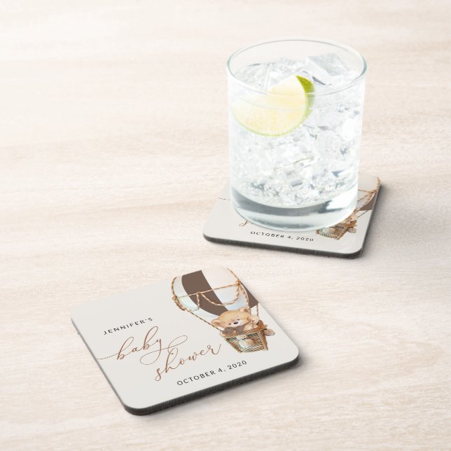 Teddy Bear, Brown Hot Air Balloon, Baby Shower Coaster (Right Side)