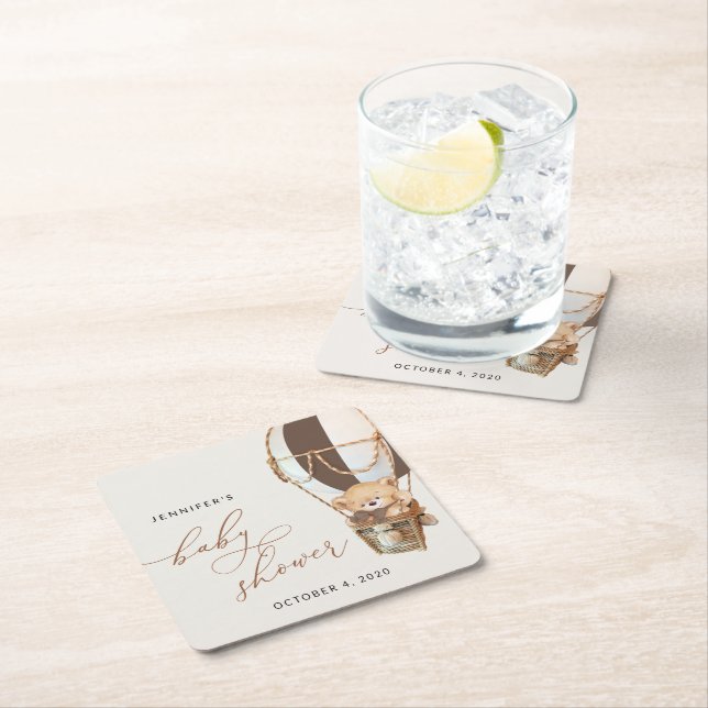 Teddy Bear, Brown Hot Air Balloon, Baby Shower Square Paper Coaster (Insitu)