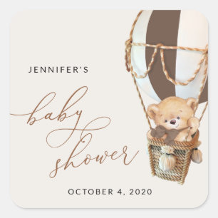 Teddy Bear, Brown Hot Air Balloon, Baby Shower Square Sticker