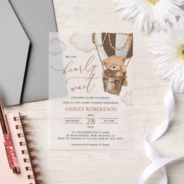 Teddy Bear, Brown Hot Air Balloon, Baby Shower Vellum Invitations (Wedding)