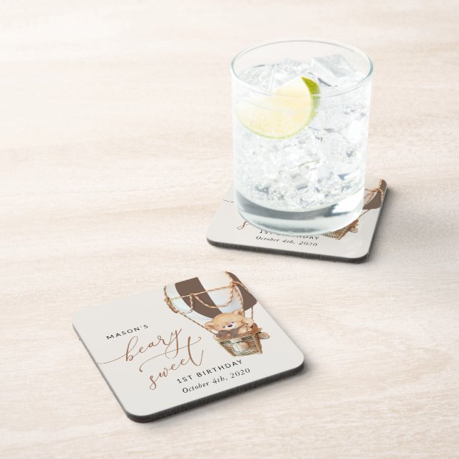 Teddy Bear, Brown Hot Air Balloon, First Birthday Coaster (Right Side)