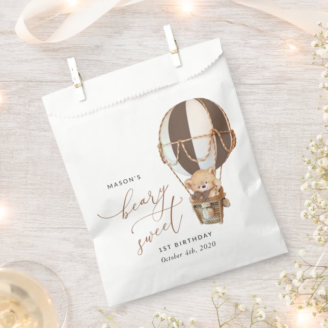 Teddy Bear, Brown Hot Air Balloon, First Birthday Favour Bags (Clipped)