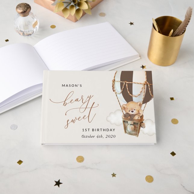 Teddy Bear, Brown Hot Air Balloon, First Birthday Guest Book (Front Open)
