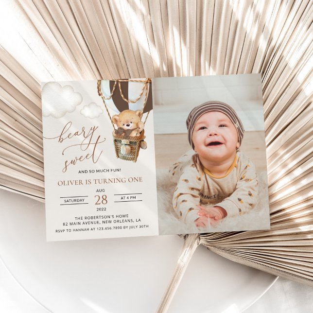 Teddy Bear, Brown Hot Air Balloon, First Birthday Invitation (Creator Uploaded)