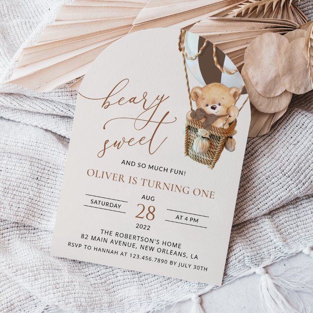 Teddy Bear, Brown Hot Air Balloon, First Birthday Invitation (Creator Uploaded)