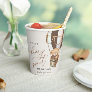 Teddy Bear, Brown Hot Air Balloon, First Birthday Paper Cups