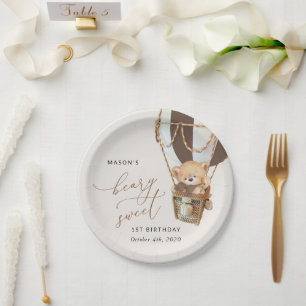 Teddy Bear, Brown Hot Air Balloon, First Birthday Paper Plate
