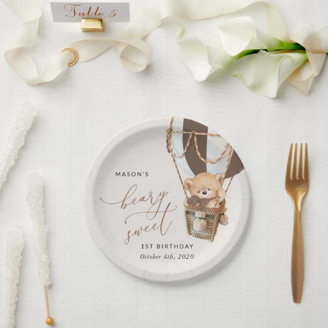 Teddy Bear, Brown Hot Air Balloon, First Birthday Paper Plate (Wedding)