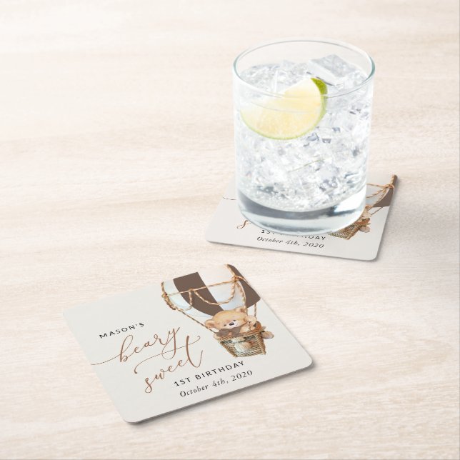 Teddy Bear, Brown Hot Air Balloon, First Birthday Square Paper Coaster (Insitu)