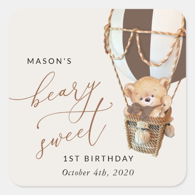 Teddy Bear, Brown Hot Air Balloon, First Birthday Square Sticker (Front)