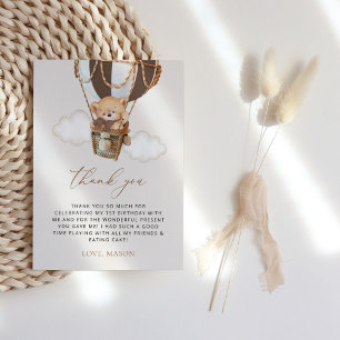 Teddy Bear, Brown Hot Air Balloon, First Birthday Thank You Card