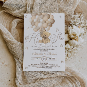 Teddy Bear Brown Neutral Balloons Gender Reveal Invitation