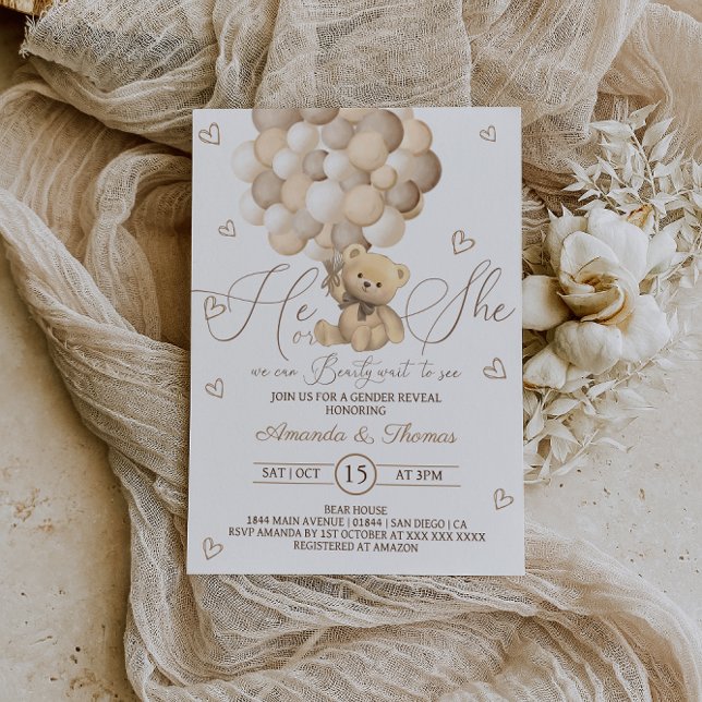 Teddy Bear Brown Neutral Balloons Gender Reveal Invitation (Creator Uploaded)