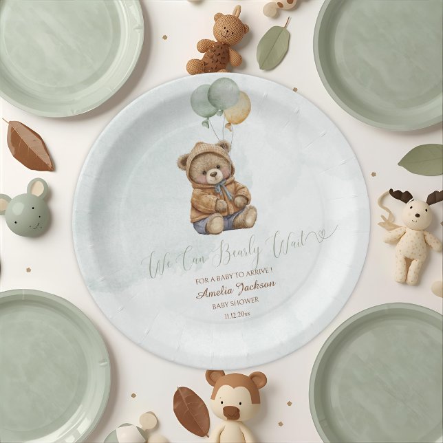 Teddy Bear Brown Sage Green Balloons Baby Paper Plate (Creator Uploaded)