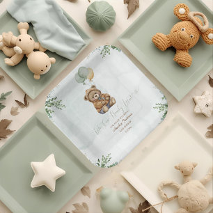 Teddy Bear Brown Sage Green Balloons Baby Paper Plate