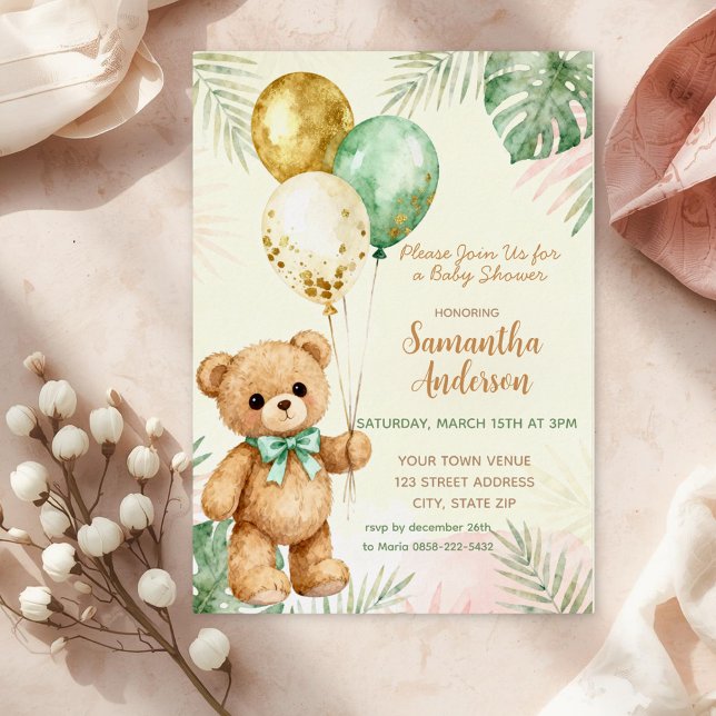 Teddy Bear Brown Sage Green Balloons Baby Shower (Creator Uploaded)
