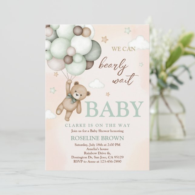 Teddy Bear Brown Sage Green Balloons Baby Shower Invitation (Standing Front)