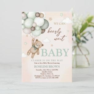 Teddy Bear Brown Sage Green Balloons Baby Shower Invitation