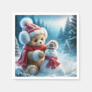 Teddy Bear Building a Snowman Napkin