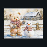 Teddy Bear Building a Snowman Postcard<br><div class="desc">Charming watercolor illustration of a teddy bear creating a snowman in a winter wonderland,  capturing the joy of a snowy day. Ideal for seasonal greetings and childrens stories.</div>