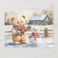 Teddy Bear Building a Snowman