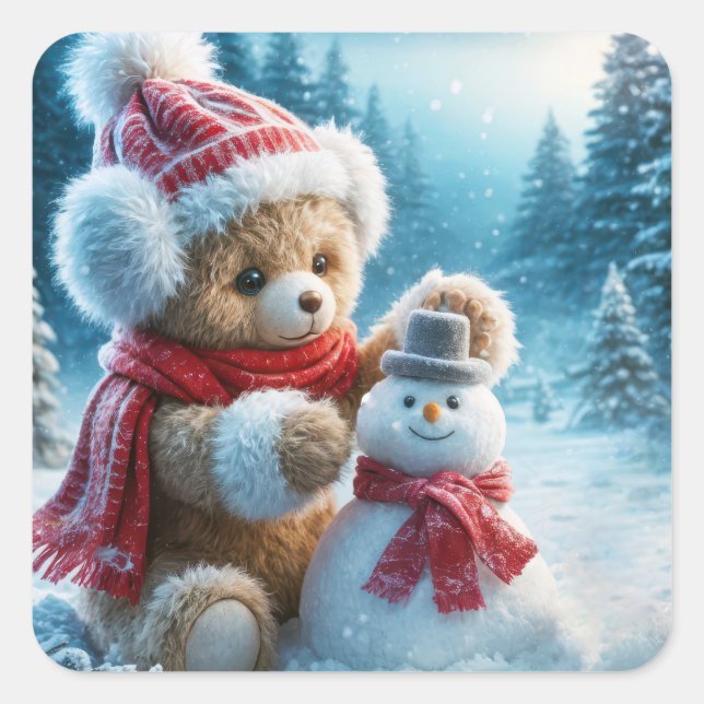 Teddy Bear Building a Snowman Square Sticker (Front)