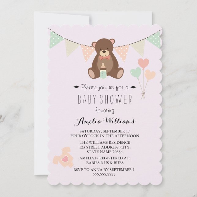 Teddy Bear Bunting Girl Baby Shower Invite (Front)