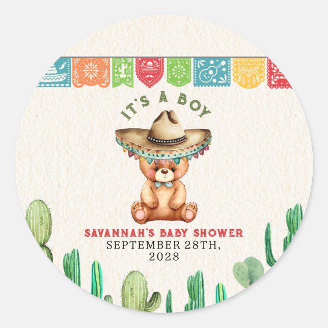 Teddy Bear Cactus Boy Baby Shower Fiesta  Classic Round Sticker (Front)