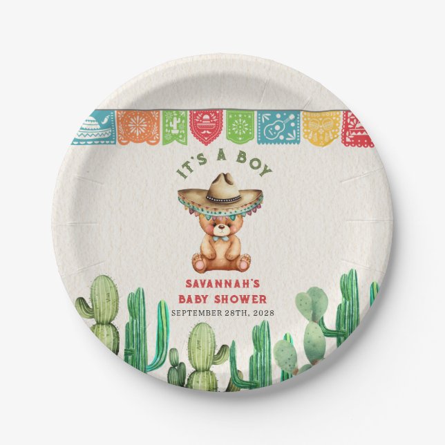 Teddy Bear Cactus Boy Baby Shower Fiesta Paper Plate (Front)