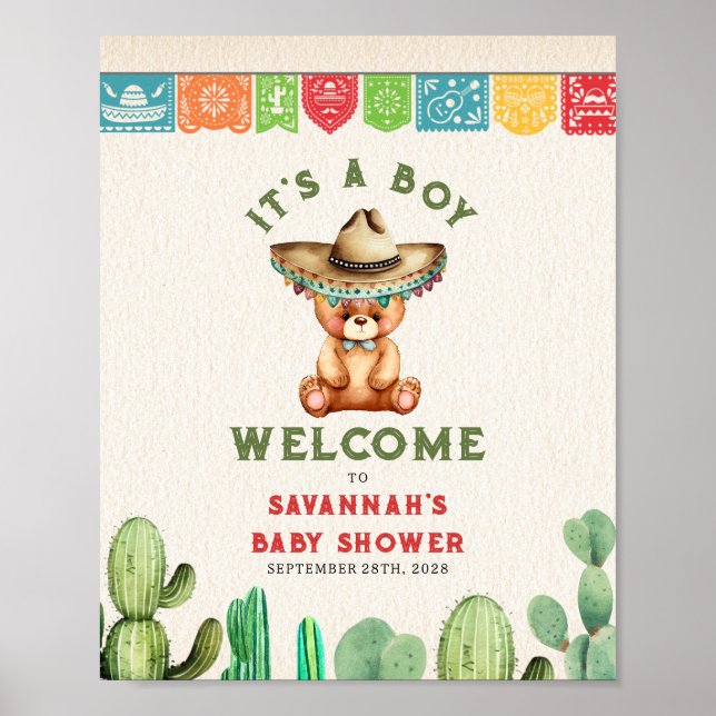 Teddy Bear Cactus Boy Baby Shower Fiesta Poster (Front)