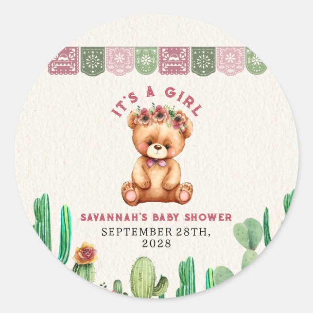 Teddy Bear Cactus Girl Baby Shower Fiesta Classic Round Sticker (Front)