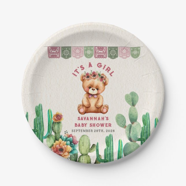 Teddy Bear Cactus Girl Baby Shower Fiesta  Paper Plate (Front)
