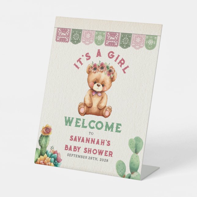 Teddy Bear Cactus Girl Baby Shower Fiesta Welcome Pedestal Sign (Front)