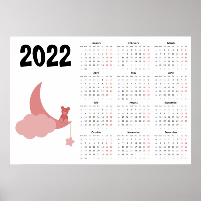 Teddy bear Calendar 2022 Poster - Monday start (Front)