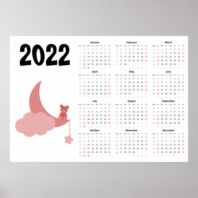Teddy bear Calendar 2022 Poster - Sunday start (Front)