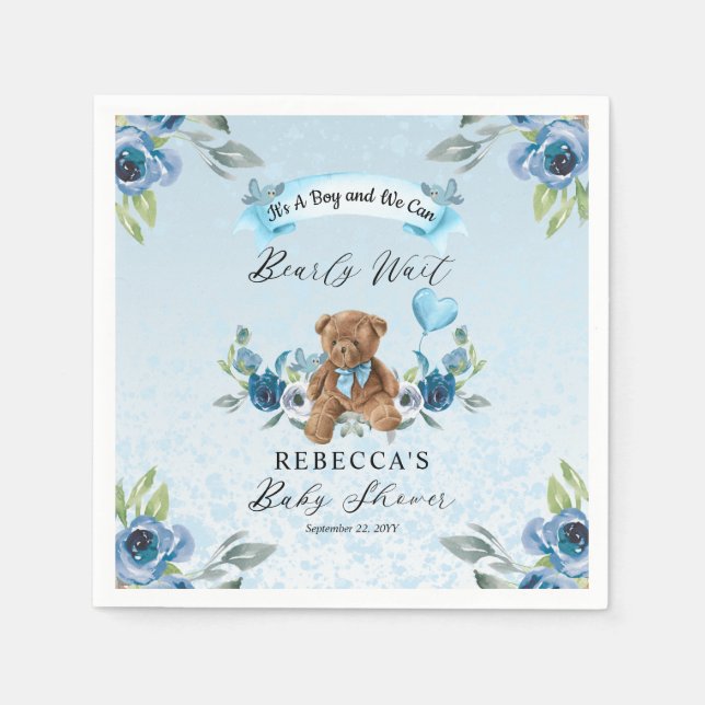 Teddy Bear Can Bearly Wait Blue Boy Baby Shower Napkin (Front)