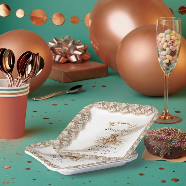 Teddy Bear Can Bearly Wait Greige Boy Baby Shower  Paper Plate (Multi)