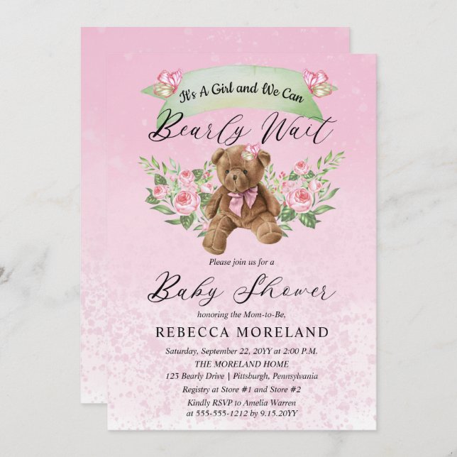 Teddy Bear Can Bearly Wait Pink Girl Baby Shower I Invitation (Front/Back)