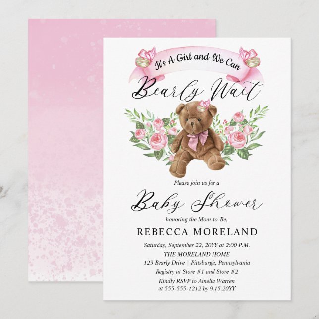 Teddy Bear Can Bearly Wait Pink Girl Baby Shower Invitation (Front/Back)