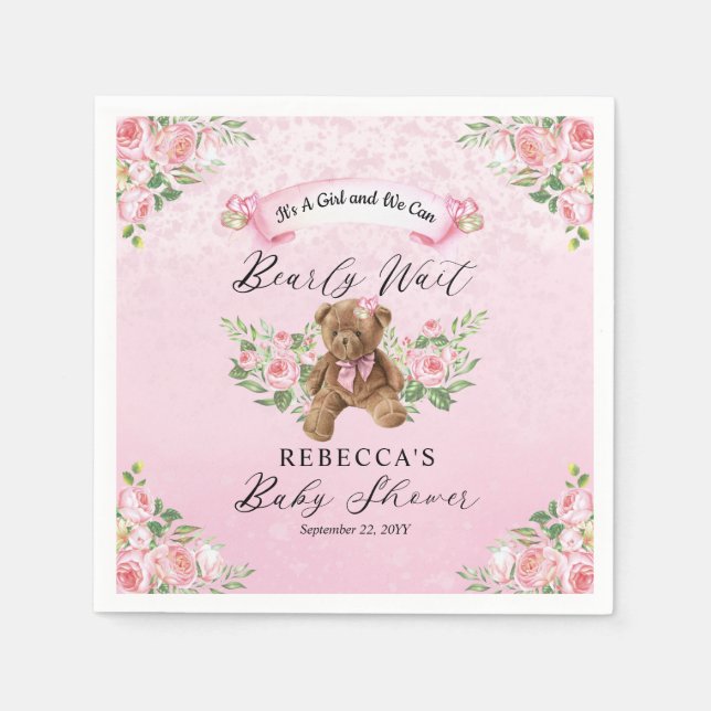 Teddy Bear Can Bearly Wait Pink Girl Baby Shower  Napkin (Front)