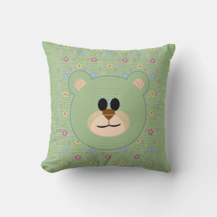 Teddy Bear, Checks and Florals Soft Green Cushion