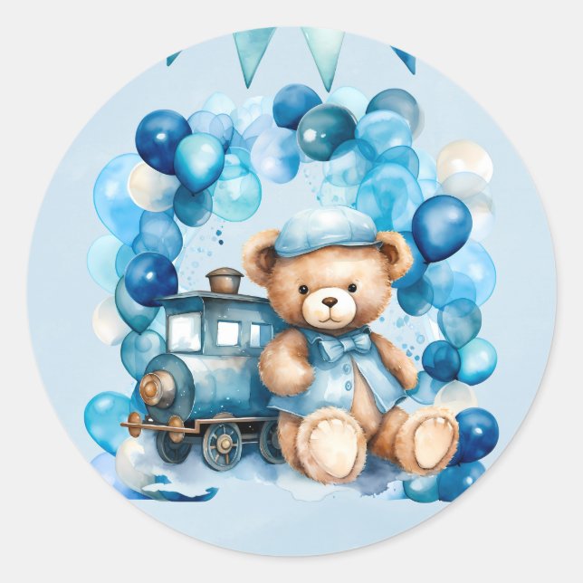 Teddy Bear Cho Cho Train Boy Baby Shower Classic Round Sticker (Front)