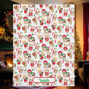 Teddy Bear Christmas Add Name Baby Fleece Blanket