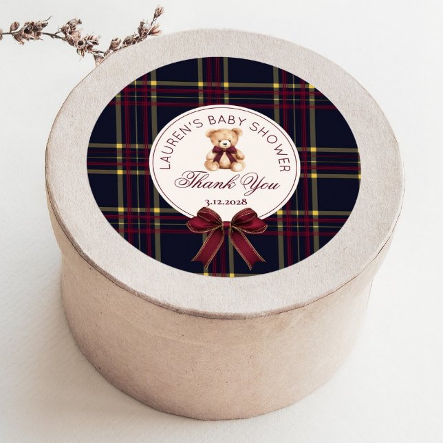 Teddy Bear Christmas Bow Plaid Thank you Classic Round Sticker (Creator Uploaded)